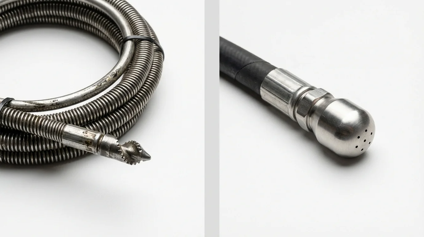 Drain snake cable and hydro jetting nozzle used for drain cleaning in Maysville, GA