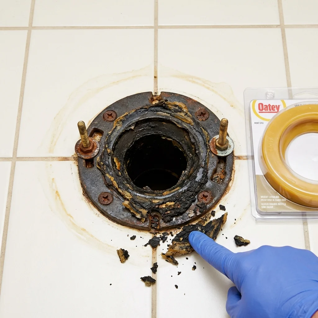 Failed wax ring showing water seepage at the base of a toilet in a Maysville, GA home