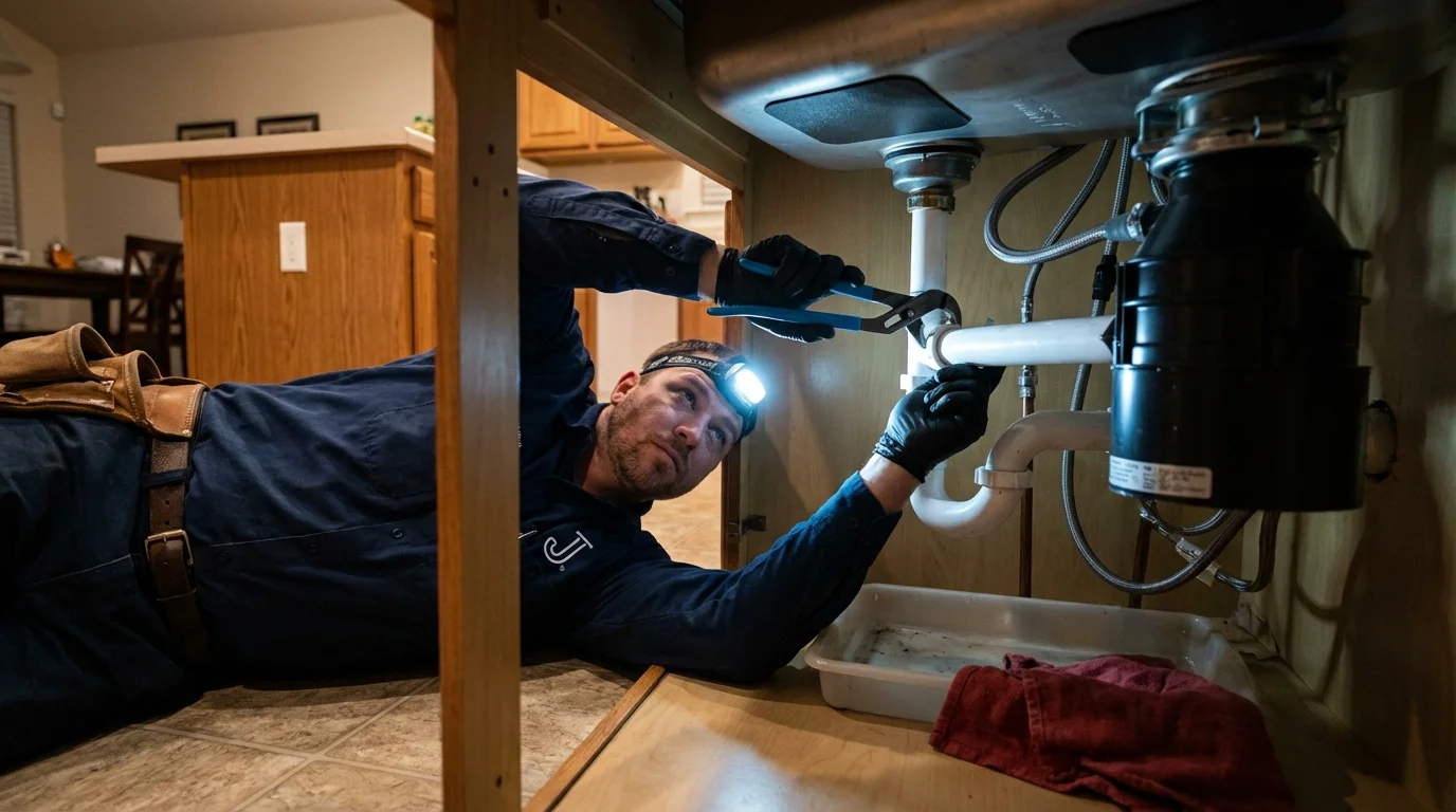 P-trap and supply line connections under a kitchen sink showing a common leak point in Maysville, GA